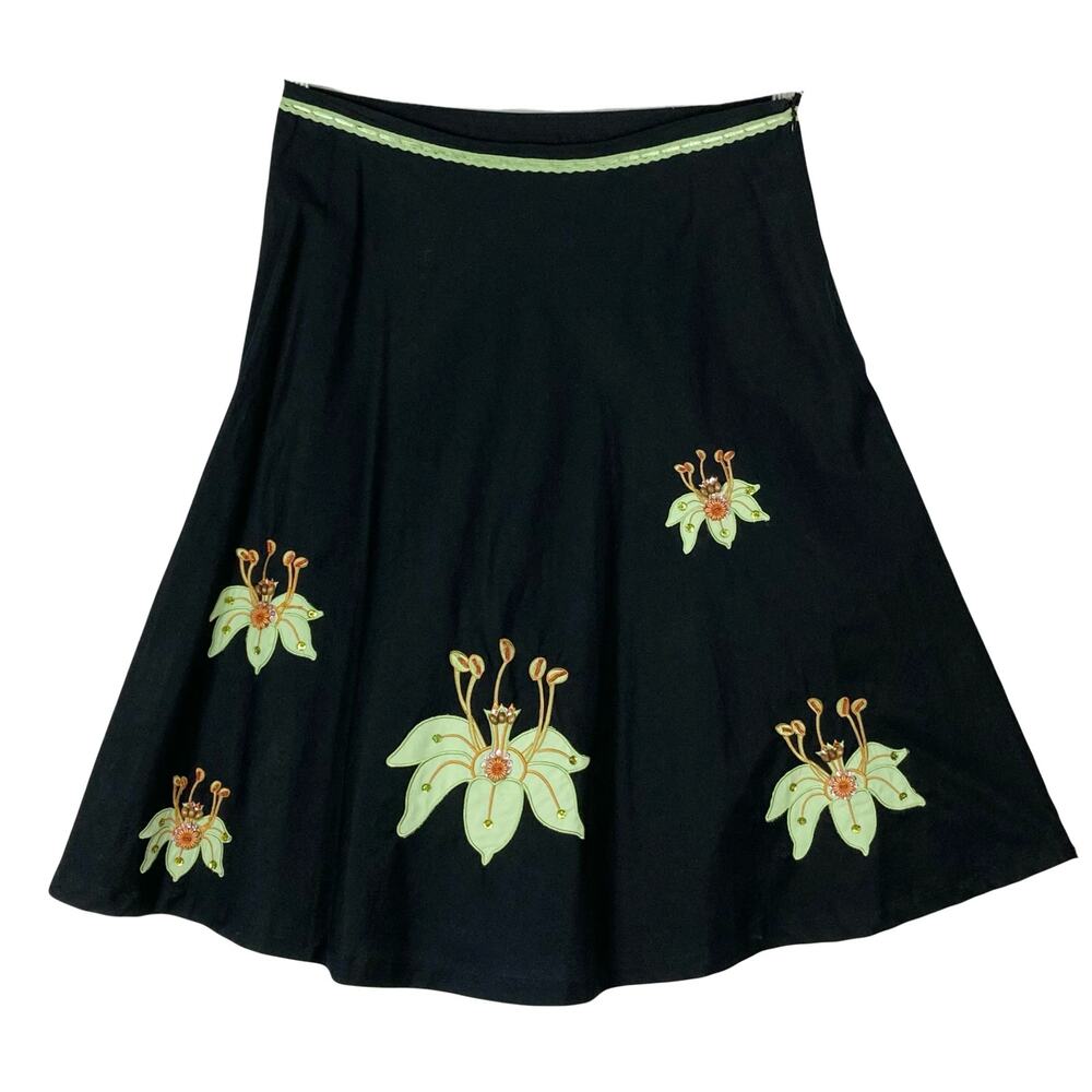 Nwot LAPIS Skirt M Black Green Multicolor Beaded-Floral-Patchwork Cotton Lined